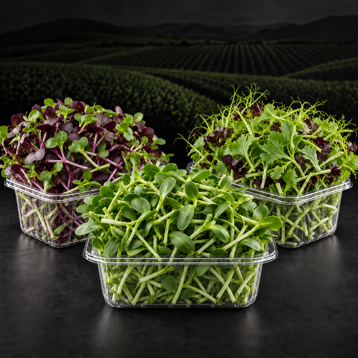 Three packages of freshly harvested Farmer's Choice microgreens