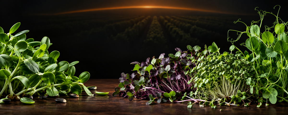 Fresh sunflower, radish, broccoli microgreens and pea shoots at sunrise