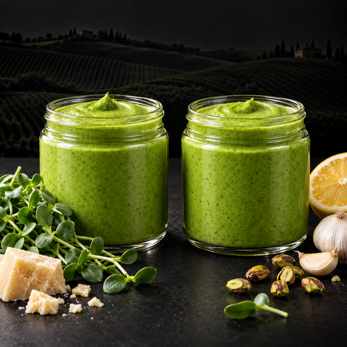 Two jars of bright green Selvaggio Smart Spread